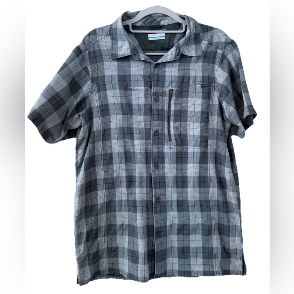 Columbia Omni‑Shade Men’s M Plaid Gray Short Sleeve Outdoor Hiking Shirt
